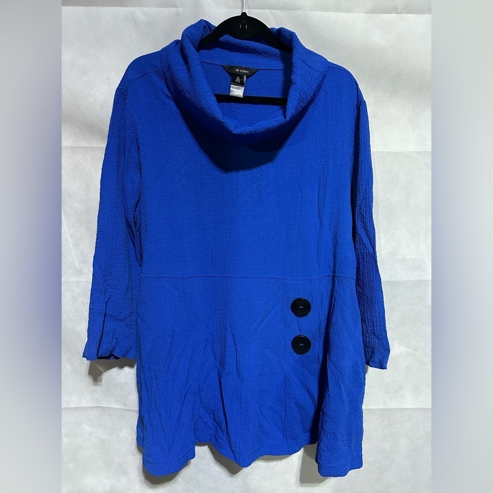 Ali Miles Crinkle Textured Cowl Neck 3/4 Sleeve Tunic Top Buttons Womens XL Blue